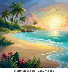 Tropical background with sea and palm trees. Summer sea background, blue ocean, sandy beach, vector flat illustration with copy space.