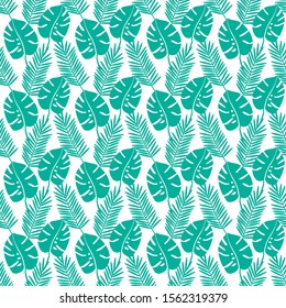 Tropical background. Seamless backround with palm leaves and monstera leaves. 