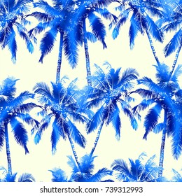 Tropical background seamless pattern of blue coconut palms on a white background