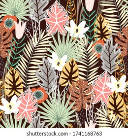 Tropischer Hintergrund. Nahtloses Muster mit exotischen Pflanzen und Blumen. Vector-Abbildung.