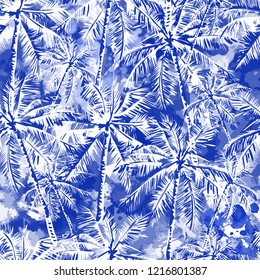 Tropical background seamless pattern of imitation of watercolor palms. Botanical vector wallpaper