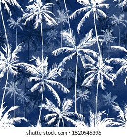 Tropical background seamless pattern of imitation of watercolor palms. Botanical vector wallpaper