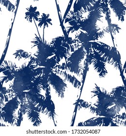 Tropical background seamless pattern of imitation of watercolor palms. Indigo jungalow background for a Hawaiian shirt. Botanical vector wallpaper
