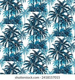 Fondo tropical patrón fluido de imitación de palmas acuarelas. Fondo blanco y índigo para una camisa hawaiana. Papel tapiz de vector botánico