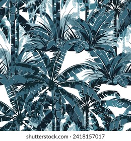 Tropical background seamless pattern of imitation of watercolor palms. Indigo and white background for a Hawaiian shirt. Botanical vector wallpaper