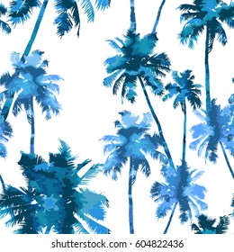 Tropical background seamless pattern of imitation of watercolor palms. vector illustration.