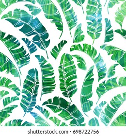 Tropical background seamless pattern of imitation of watercolor palms. Botanical vector wallpaper