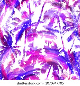 Tropical background seamless pattern of lilac color and violet silhouettes coconut palms on a white background