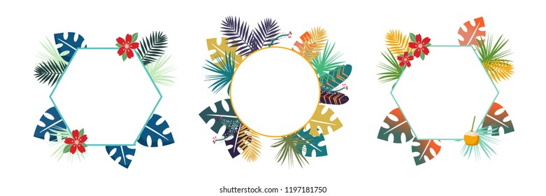 Tropical background SET with colorfull troical leaves. Herbal design with plants for cards, invitation, greeting design with blank space for a text.