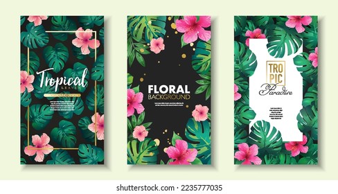 Tropical background set of social media story design with jungle flowers and plants. Vector design template