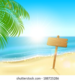 Tropical background with sparkling ocean and wooden sign, illustration.