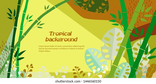 
Tropical background with stalks of bamboo, monstera, jungle foliage. Vector illustration in warm yellow, brown colors. Template for cover, advertising, web design, poster. Place for text. 