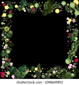 Tropical background with strawberries, lemon, lime and tropical leaves. Bright fruit pattern with tropics. Background with fruits.