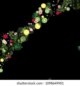 Tropical background with strawberries, lemon, lime and tropical leaves. Bright fruit pattern with tropics. Background with fruits.