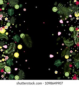 Tropical background with strawberries, lemon, lime and tropical leaves. Bright fruit pattern with tropics. Background with fruits.