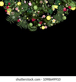 Tropical background with strawberries, lemon, lime and tropical leaves. Bright fruit pattern with tropics. Background with fruits.