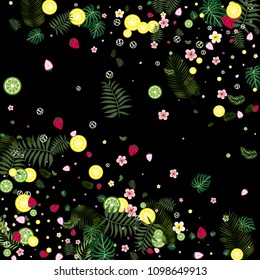 Tropical background with strawberries, lemon, lime and tropical leaves. Bright fruit pattern with tropics. Background with fruits.