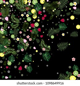 Tropical background with strawberries, lemon, lime and tropical leaves. Bright fruit pattern with tropics. Background with fruits.