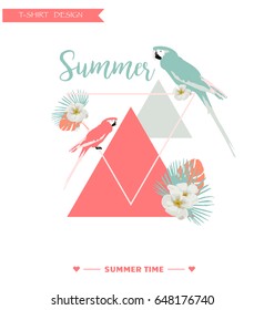 Tropical  Background. Summer Design. Girl T-shirt Fashion vector Graphic in bright and pastel colors. Illustrations of parrots, flowers, leaves and geometrical shapes