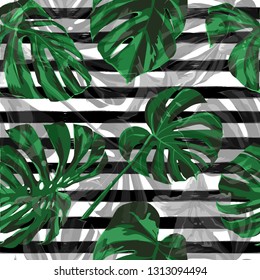 Tropical Background. Summer Design for Swimwear. Repeatable Illustration. Exotic Palm Greenery Backdrop. Tropical Flowers and Leaves Background.