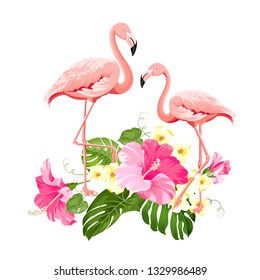 The tropical background. Summer illustration with bouquet of green palm leaves and red hibiscus flowers. Illustration with colorful flamingo on white background. Vector illustration.