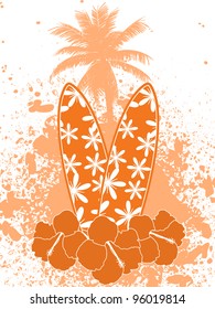 tropical background with surfboards, hibiscus flowers, palm tree and grunge on a white background