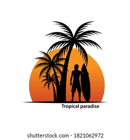 Tropical background with a surfer and palm trees, vector illustration