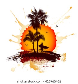 Tropical background with a surfer and palm trees