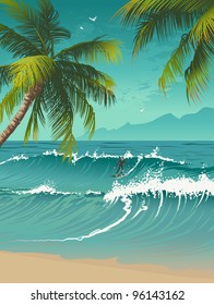 Tropical background with a surfer and palm trees