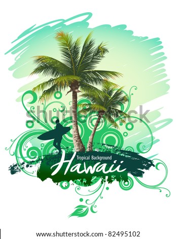 Tropical background with a surfer and palm trees