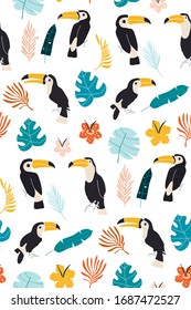 Tropical Background. Toucan Bird, Cactus, Flowers. Seamless Pattern. Vector print jungle seamless vector pattern.