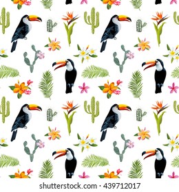 Tropical Background. Toucan Bird, Cactus, Flowers. Seamless Pattern. Vector