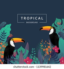 Tropical background with Toucan bird ,tropical leaves and flower. Summer banner for promotion banner design, flyer, party poster, printing and website. Vector illustration.