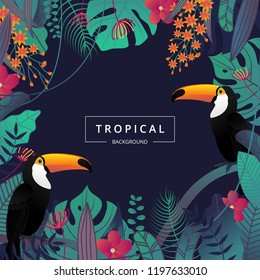 Tropical background with toucan bird ,tropical leaves and flower. Jungle exotic leaf on dark background for promotion banner design, flyer, party poster, printing and website. Vector illustration.