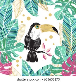 Tropical background with Toucan, flowers and palm leaves.Hand drawn vector illustration. Perfect for prints, posters, invitations, packing.