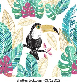 Tropical background with Toucan, flowers and palm leaves.Hand drawn vector illustration. Perfect for prints, posters, invitations, packing.