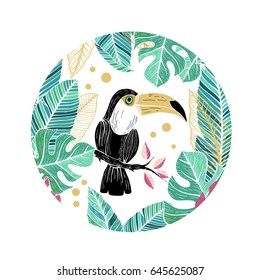 Tropical background with Toucan, flowers and palm leaves.Hand drawn vector illustration. Perfect for prints, posters, invitations, packing.