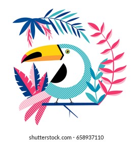 Tropical background with Toucan, flowers and palm leaves.Hand drawn vector illustration. Perfect for prints, posters, invitations, packing.