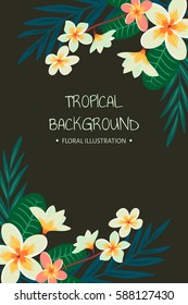Tropical background. Vector hand drawn floral illustration with plumeria flowers and palm leaves