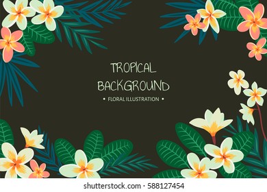 Tropical background. Vector hand drawn floral illustration with plumeria flowers and palm leaves