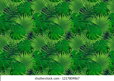 Tropical background. vector illustration. exotic leaves seamless pattern. Green tropic folliage. backgdrop with jungle plants, palms. Summer botanical design. Bright colors