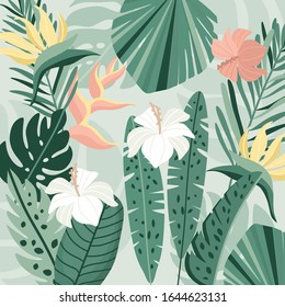 Tropical background. Vector jungle illustration. Greenery, palm leaves, banana leaf, hibiscus, plumeria flowers.