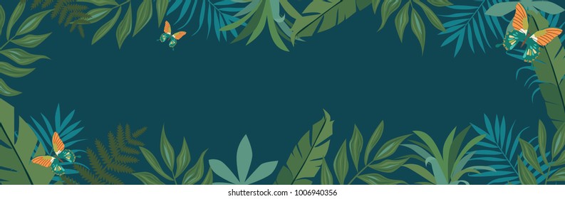 Tropical background vector with tropical palm leaves, flowers for wallpapers, web page backgrounds, surface textures, textile, wedding invitation, business products