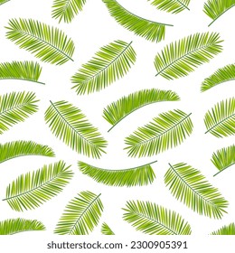 tropical background, vector seamless pattern with green palm leaves on white, simple flat illustration with branches in cartoon style