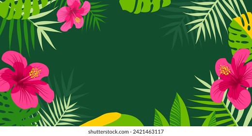 Fondo tropical. Pancarta vectorial web, afiche, tarjeta para medios sociales, redes. Hibiscus, flores tropicales sobre fondo verde. Antecedentes en el Mes del Patrimonio Asiático-Pacífico Americano. Hoja de Monstera.