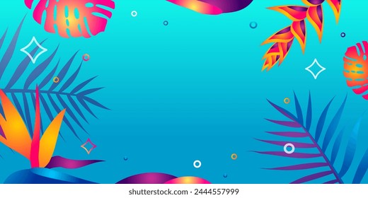 Tropical background. Vector web banner, poster, card for social media, networks. Frame of flowers on blue background. Template with copy space. Asian Pacific American Heritage Month background.