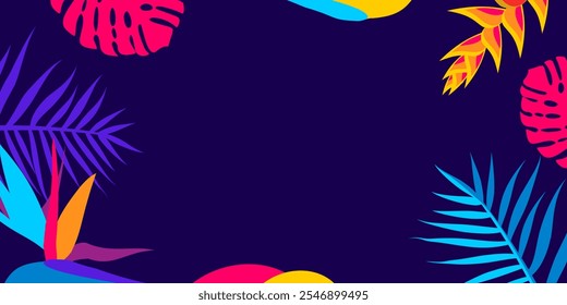 Tropical background. Vector web banner, poster, card for social media, networks. Frame of flowers on blue background. Template with copy space. Asian Pacific American Heritage Month background.