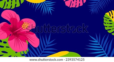 Tropical background. Vector web banner, poster, card for social media, networks. Hibiscus, tropical flowers on blue background with pink, yellow color. Monstera leaf.