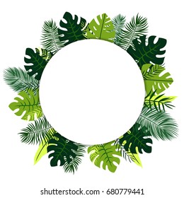Tropical background with white circle and tropical leaves, hawaii design