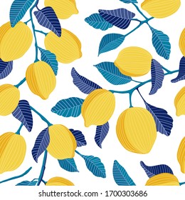Tropischer Hintergrund mit gelben Zitronen. Obst wiederholt Hintergrund. heller Vektorillustration-Druck für Gewebe oder Tapeten